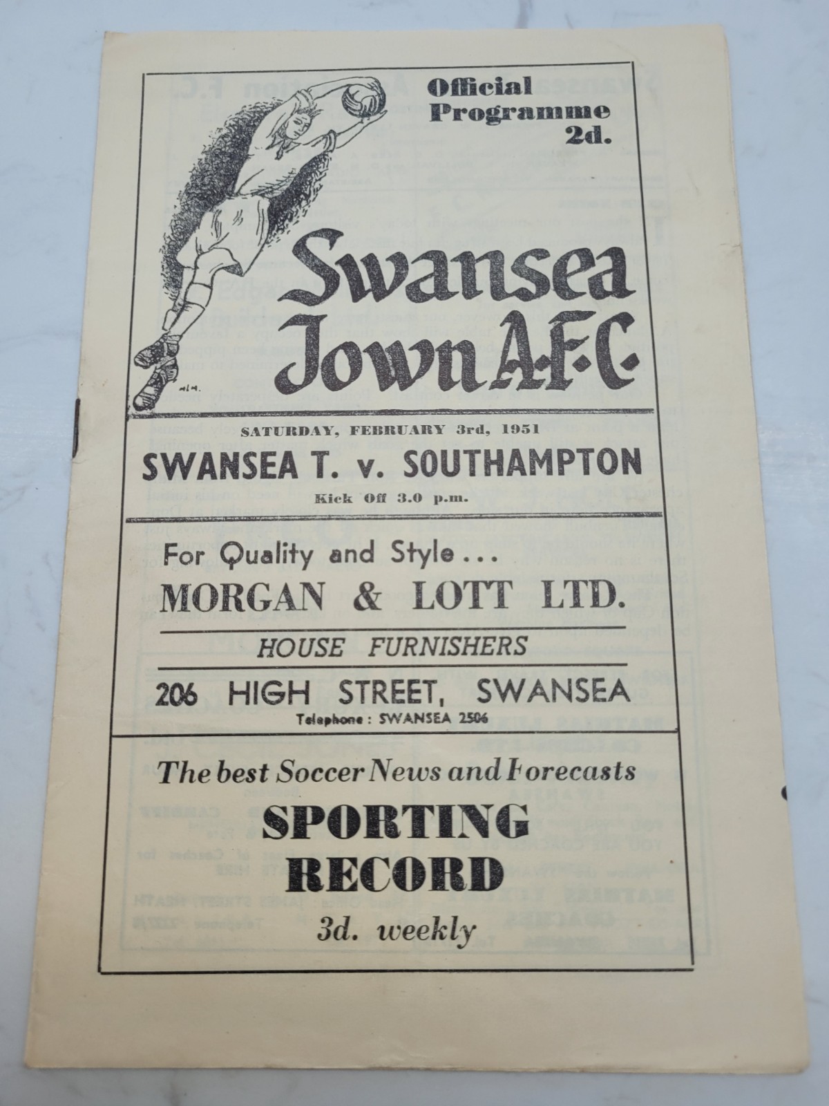 Swansea Town V Southampton 3.2. 1951 - Division 2 for sale on Ebay