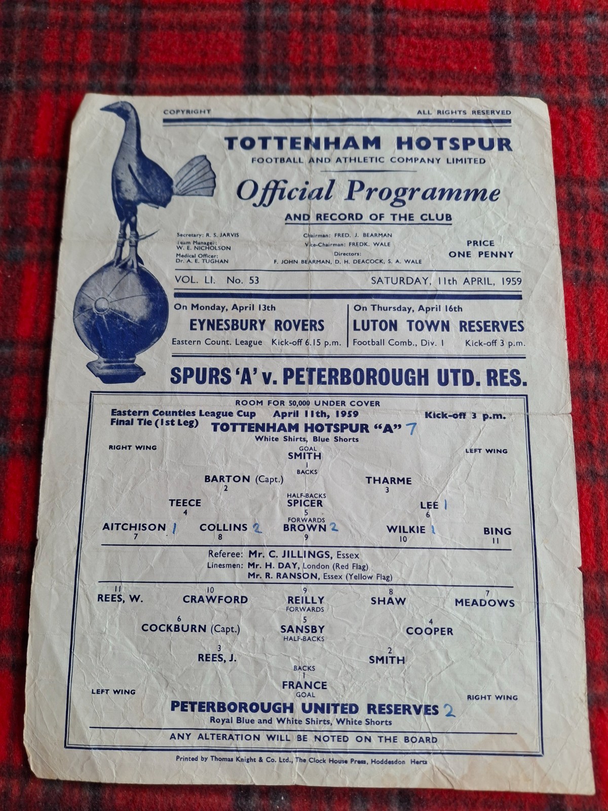 TOTTENHAM 'A' V PETERBOROUGH RES E. C LGE CUP FINAL 1958-59 for sale on Ebay
