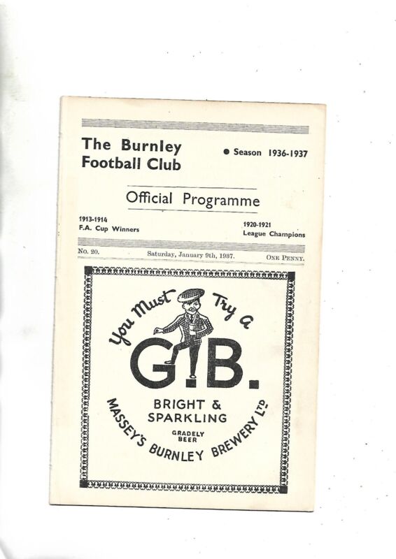 FOOTBALL PROGRAMME 9/1/37 PRE WAR Burnley res V Huddersfield res for sale on Ebay