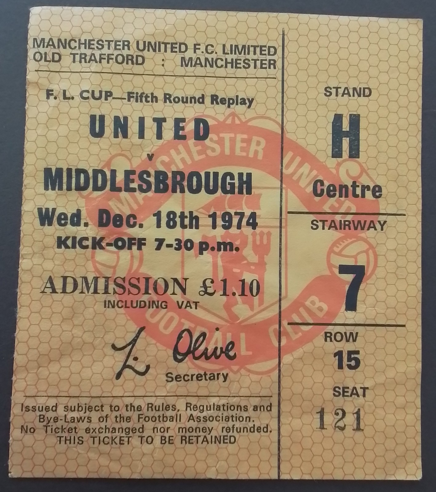 Manchester United v Middlesbrough League Cup 5th Round Replay 1974/5 for sale on Ebay