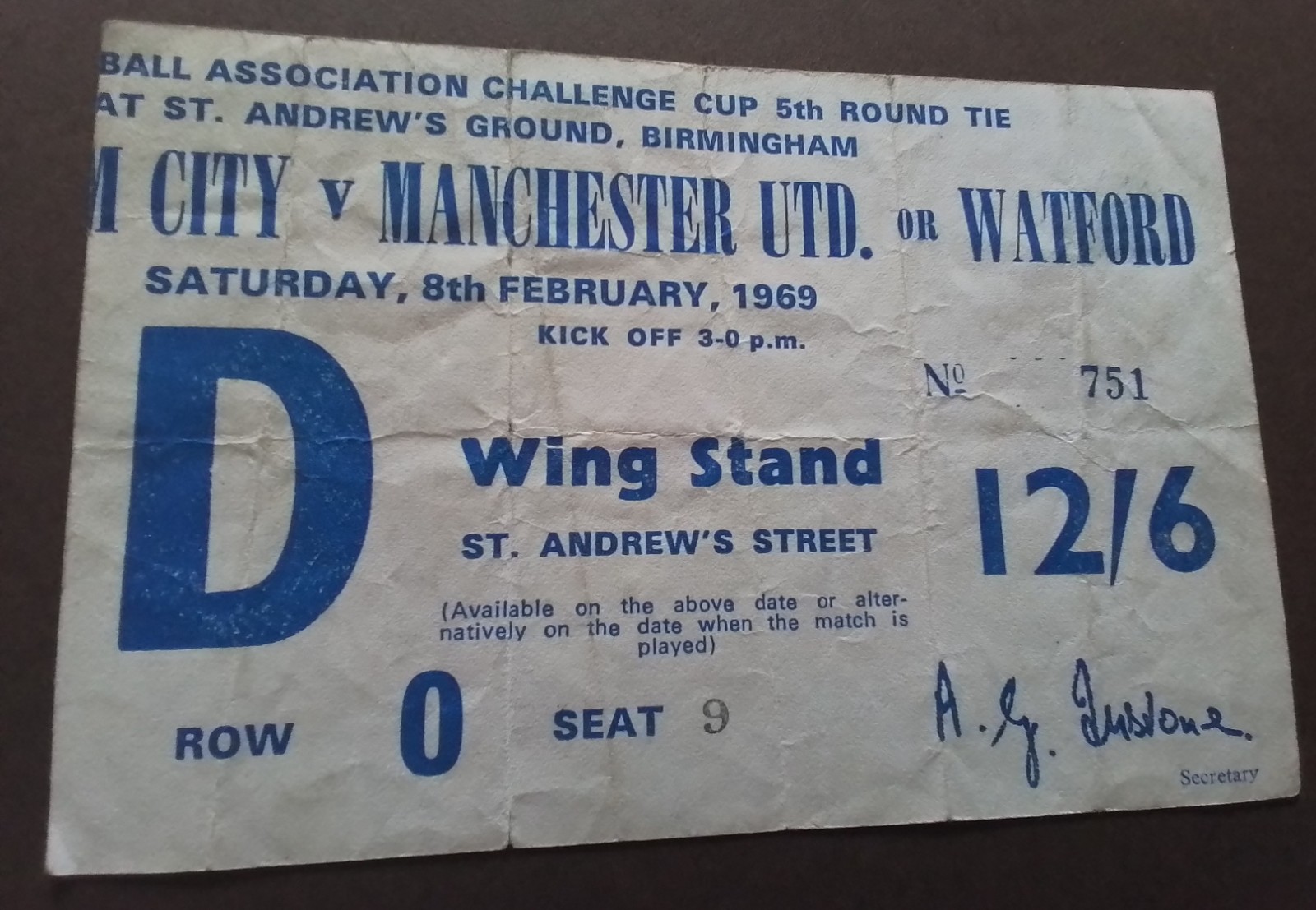 Birmingham City v Manchester United FA Cup 5th Round 1968/9 for sale on Ebay