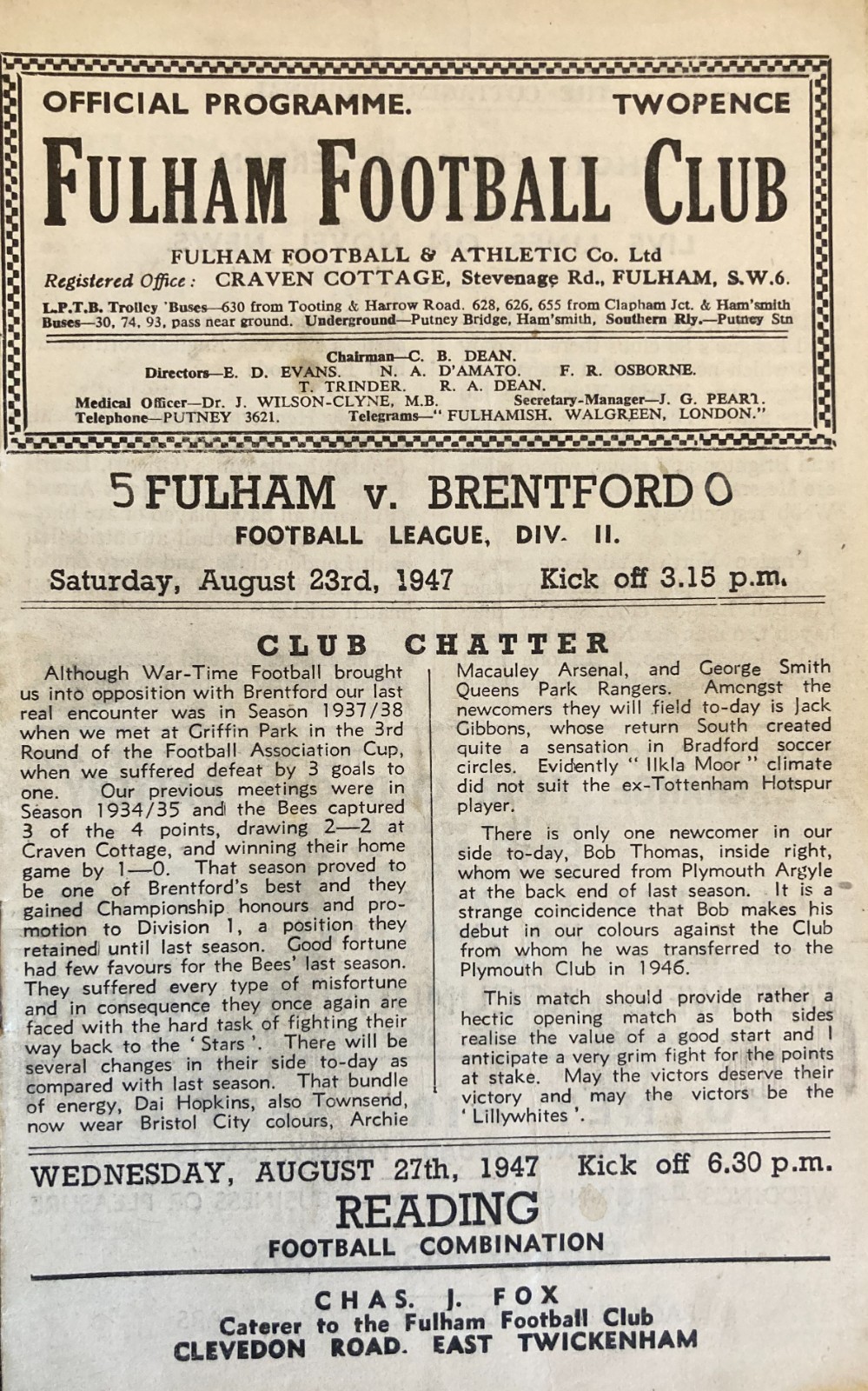 Fulham v Brentford Div 2 1947/48 for sale on Ebay