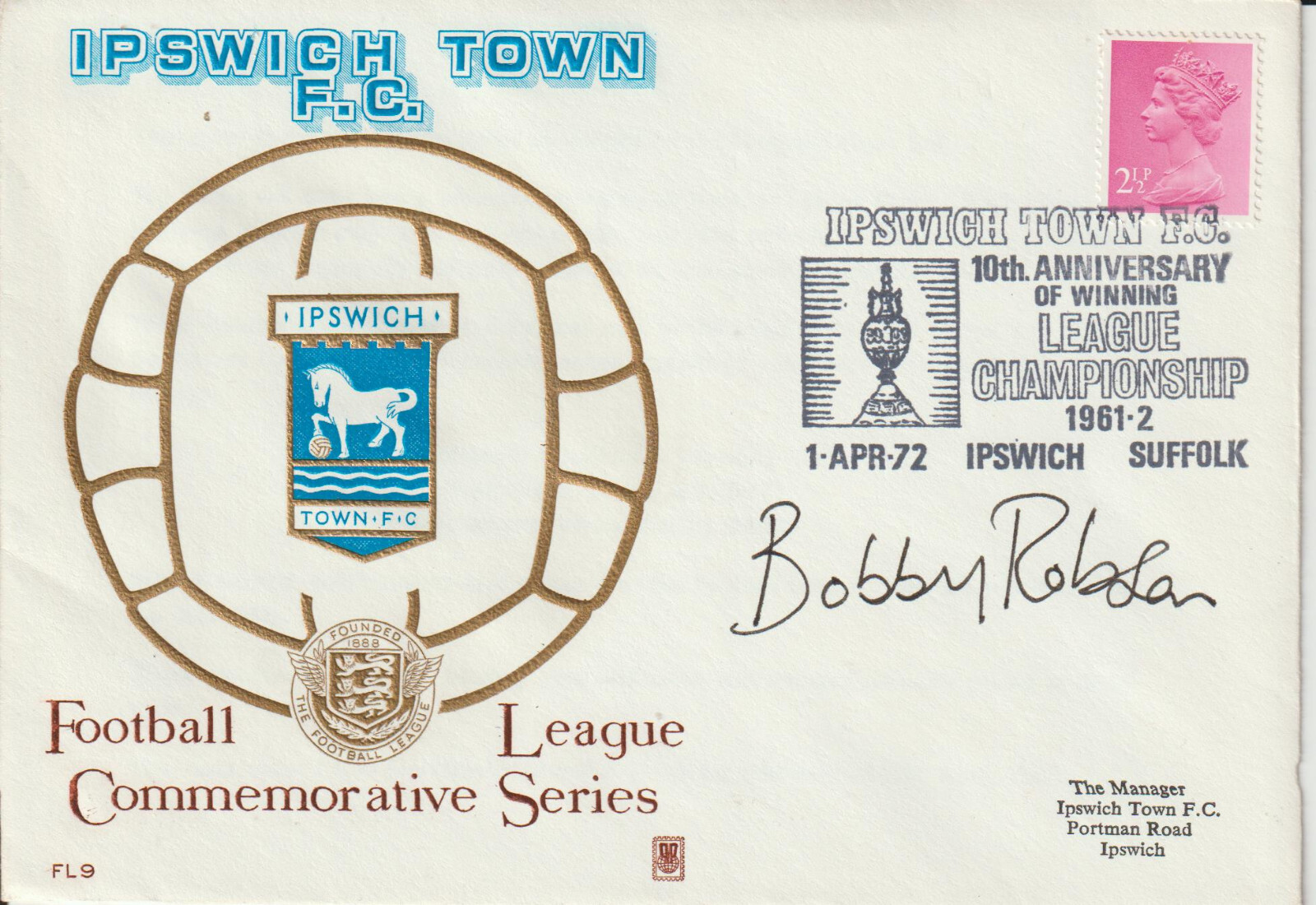 SIR BOBBY ROBSON - SIGNED - 1972 IPSWICH TOWN COVER for sale on Ebay