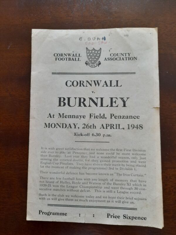 Cornwall vs Burnley 26th April 1948 Programme (Pre Season Mennaye Field Penzance for sale on Ebay