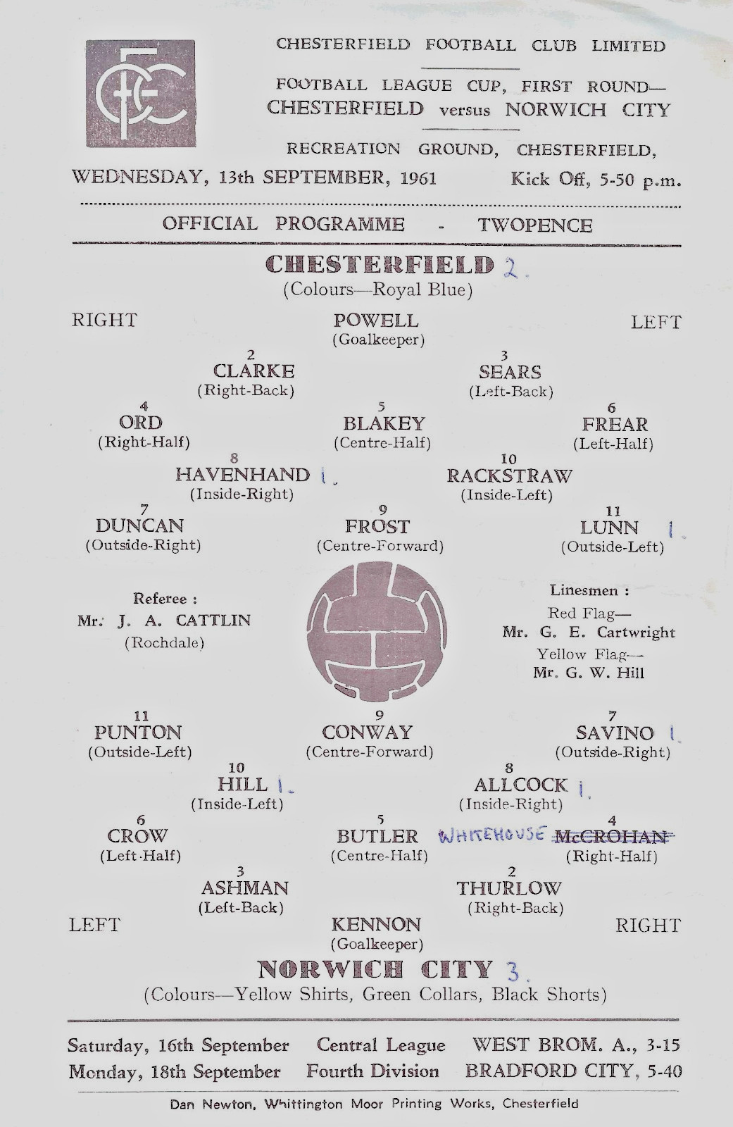 CHESTERFIELD V NORWICH CITY ~ LEAGUE CUP 1ST RD ~ 13 SEPTEMBER 1961 for sale on Ebay