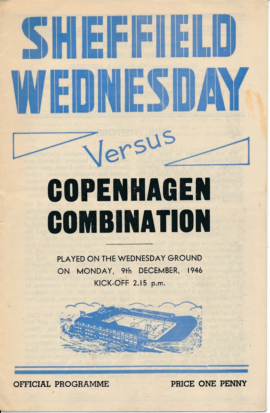 SHEFFIELD WEDNESDAY v Copenhagen Combination Denmark (Friendly) 1946/1947 for sale on Ebay