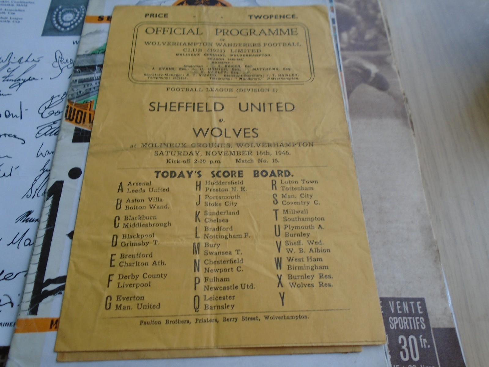 WOLVERHAMPTON WANDERERS V SHEFFIELD UNITED 1946-7 for sale on Ebay