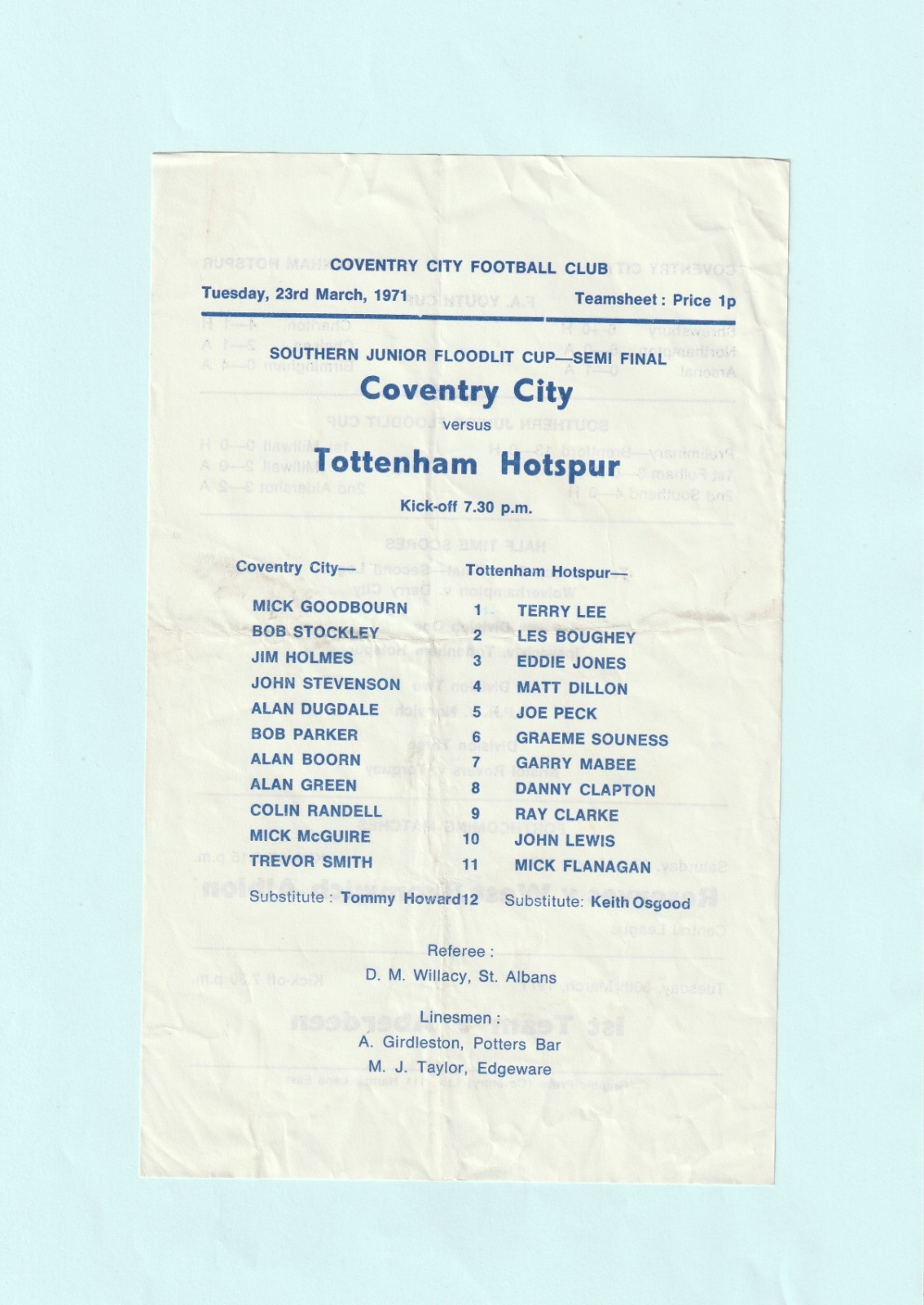 1970-71 SOUTHERN JUNIOR FLOODLIT CUP : COVENTRY CITY v TOTTENHAM / SPURS YOUTH for sale on Ebay