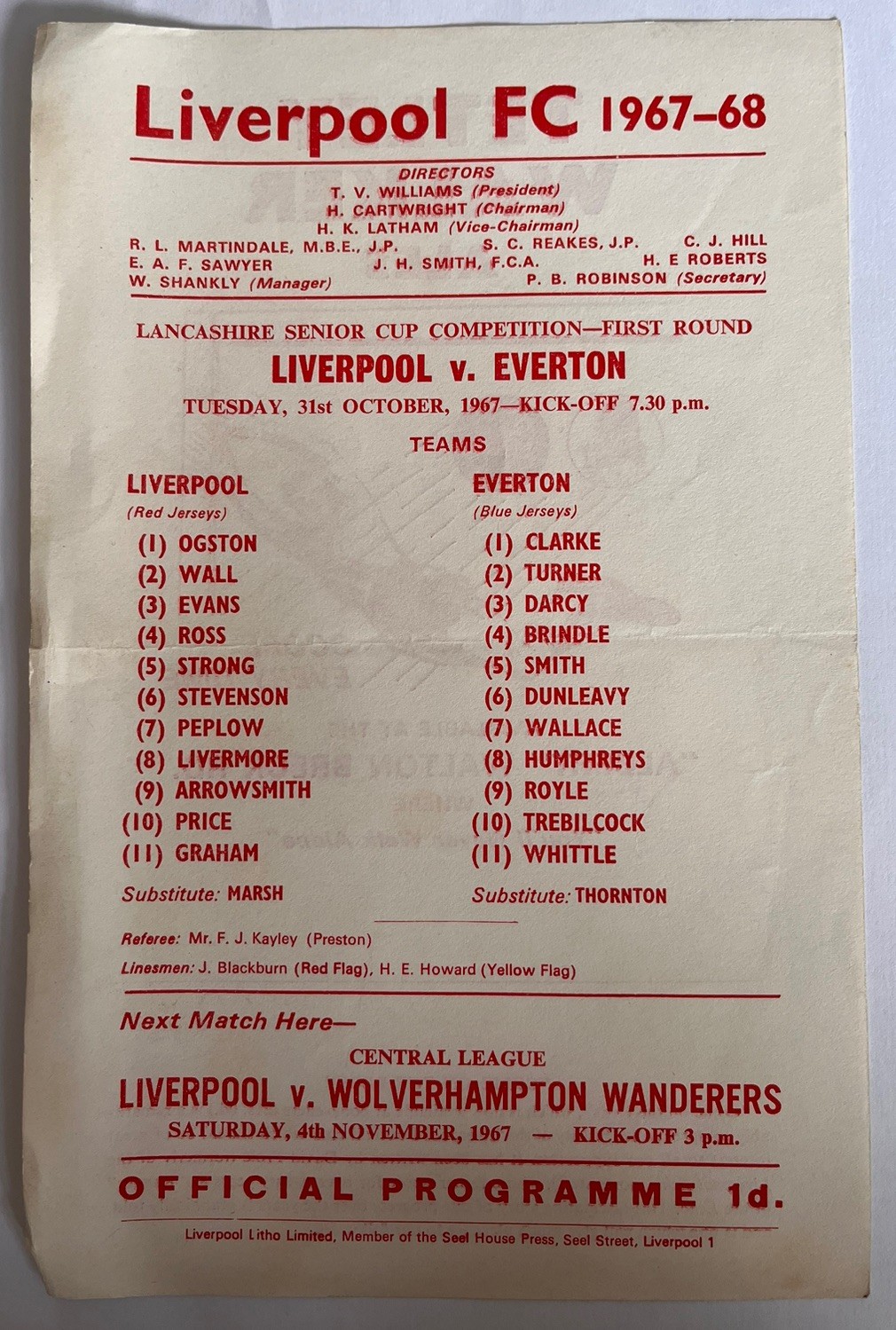 Liverpool v Everton Lancashire Senior Cup 1st Round 31st October 1967 for sale on Ebay