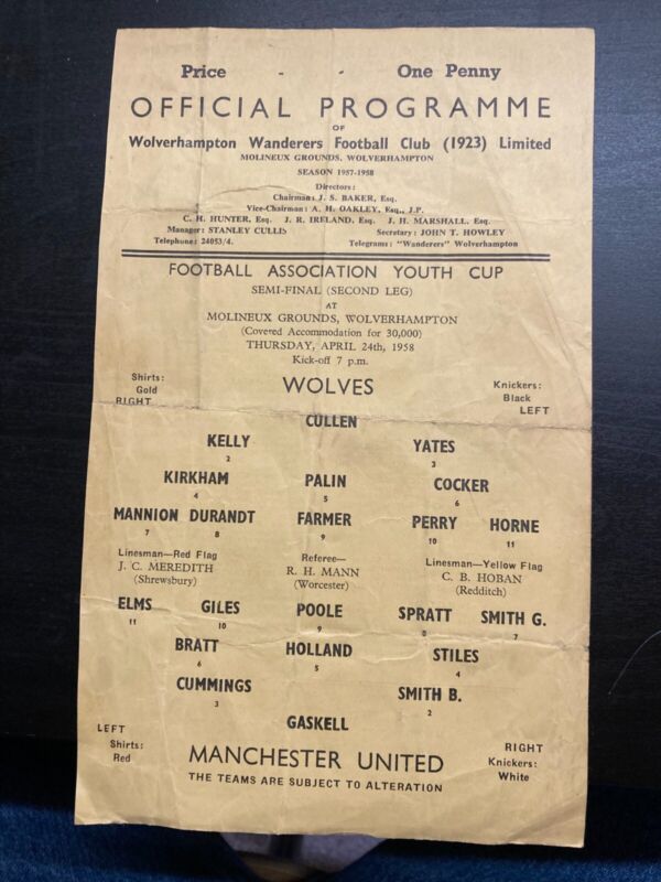 Wolves v Manchester United 1958 1957/58 FA Youth Cup Semi-Final single sheet for sale on Ebay