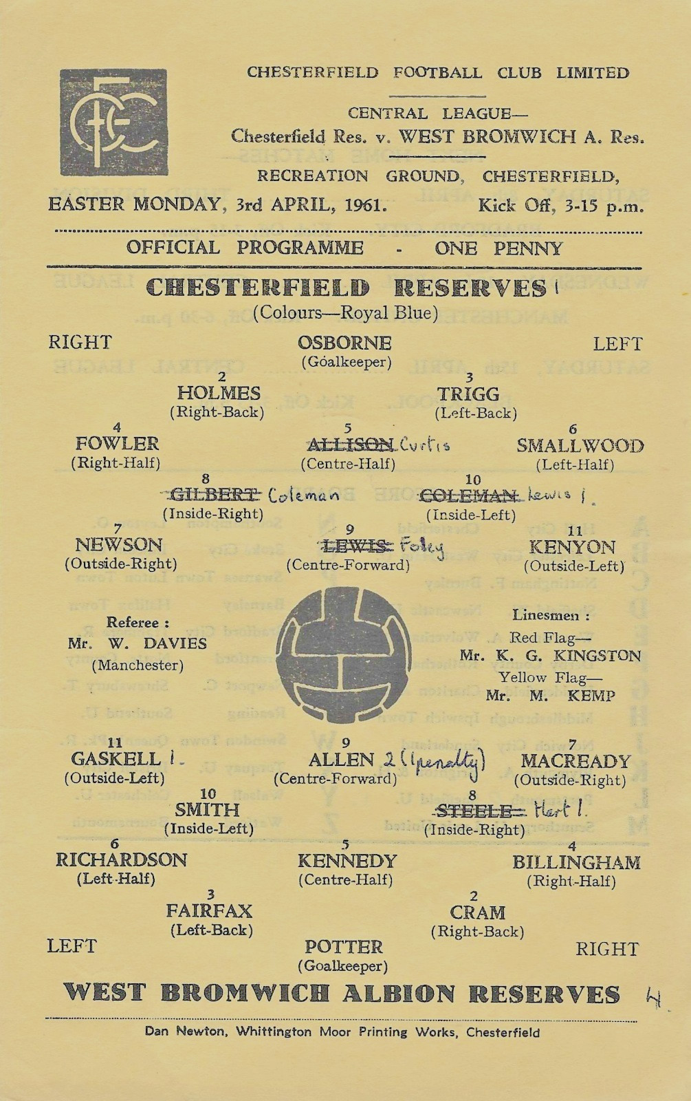CHESTERFIELD V WEST BROMWICH ALBION RESERVES ~ 3 APRIL 1961 for sale on Ebay