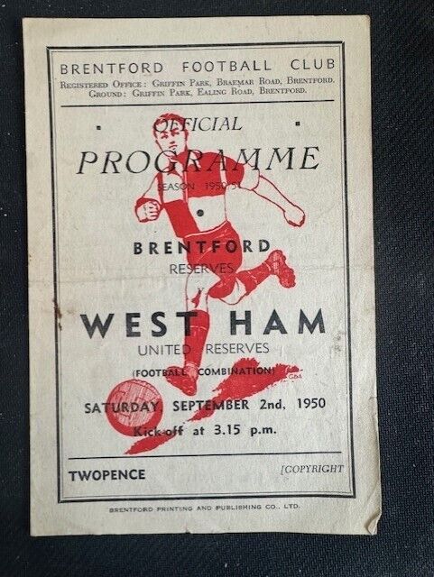 brentford v westham reserves programme 1950 for sale on Ebay
