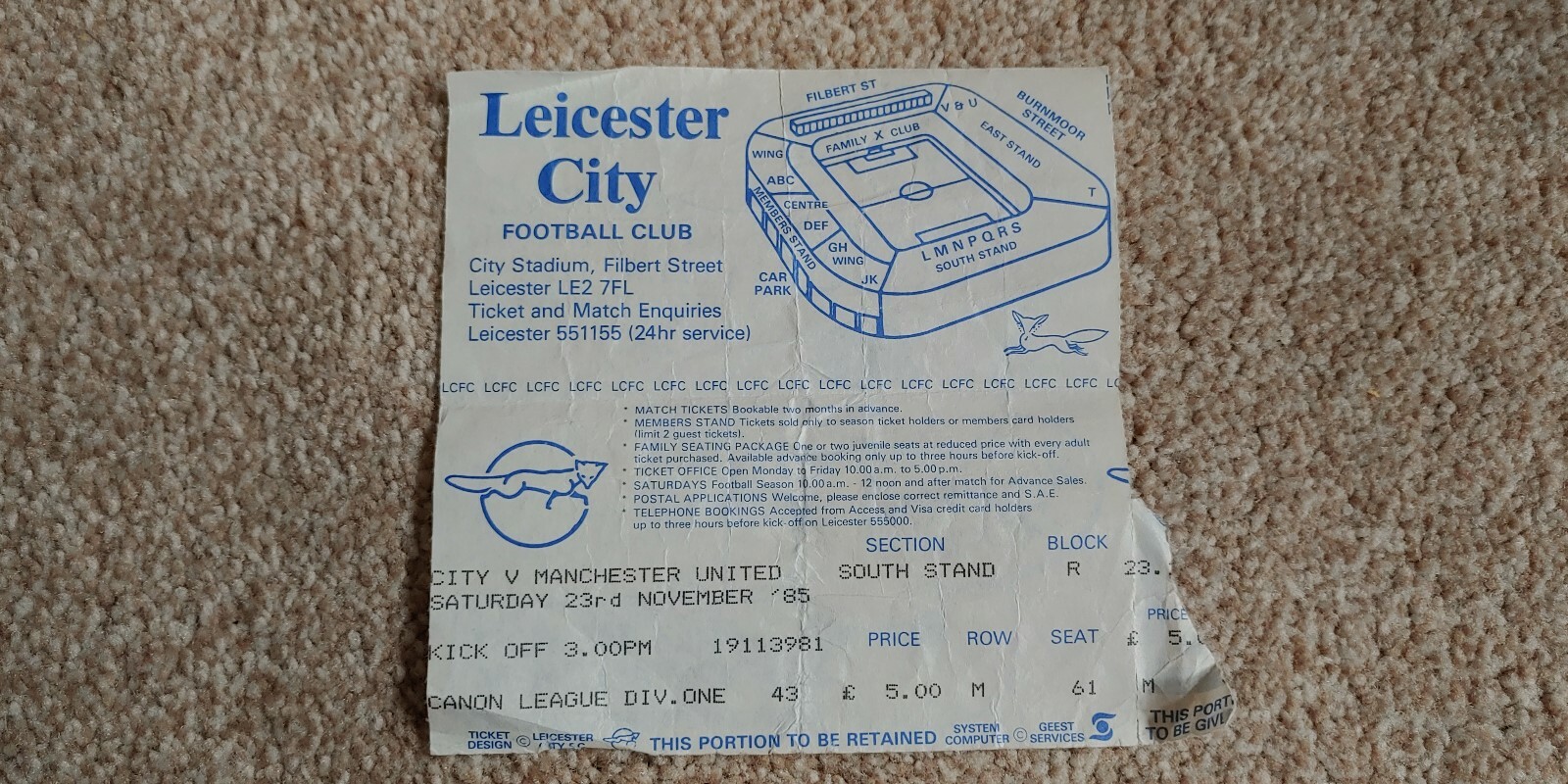1985/1986 LEICESTER CITY v MANCHESTER UNITED TICKET STUB for sale on Ebay