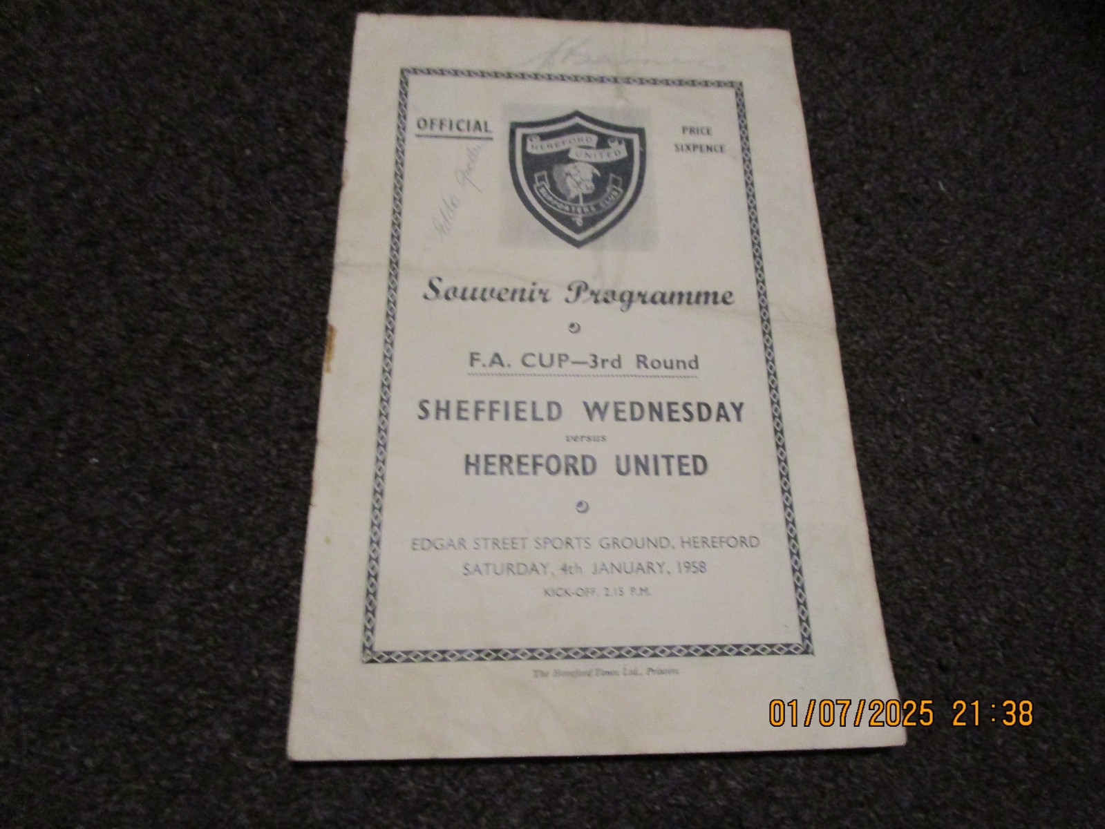 HEREFORD UNITED  v  SHEFFIELD WEDNESDAY  1957/8  F.A.CUP 3rd.  JAN 4 AUTOGRAPHED for sale on Ebay