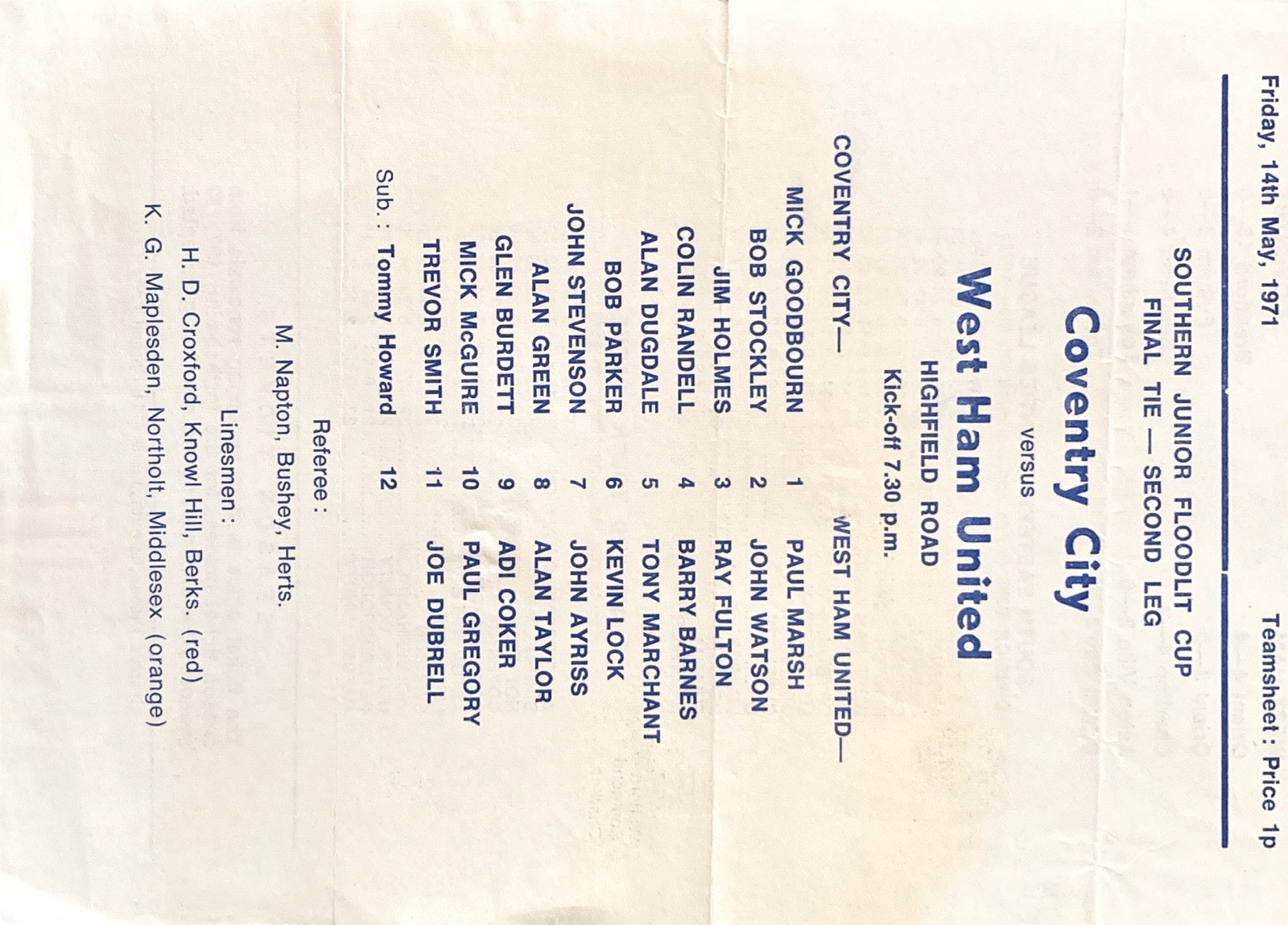 Coventry City v West Ham  Southern Junior Floodlit Cup Final 1971 for sale on Ebay