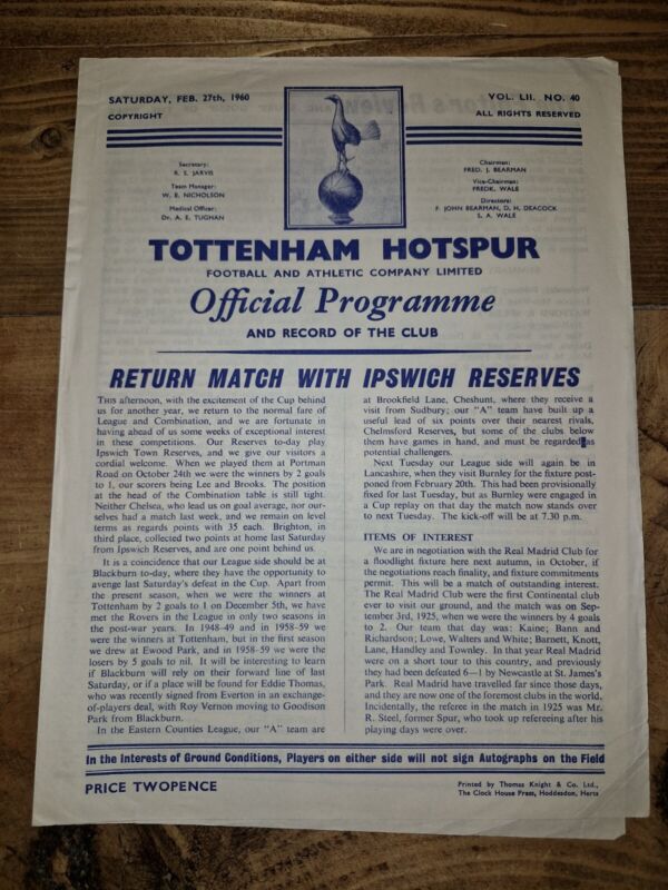 Tottenham / Spurs Res v Ipswich Res 27.2.1960 - Football Combination POSTPONED  for sale on Ebay