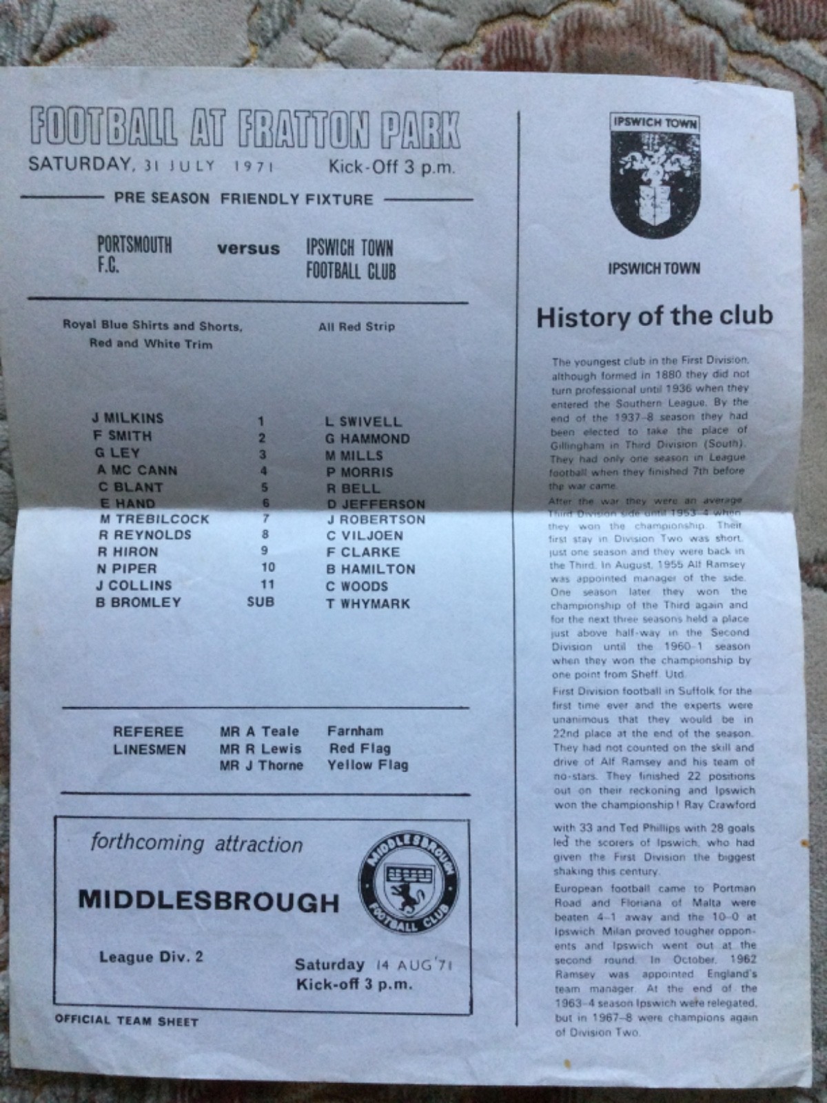 PORTSMOUTH v IPSWICH TOWN FRIENDLY SING SHEET PROGRAMME 31st JULY 1971 for sale on Ebay