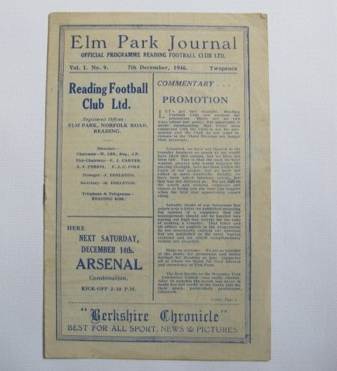 1946/47 Reading v Norwich City.  Division 3 south. 7/Dec 1946 for sale on Ebay