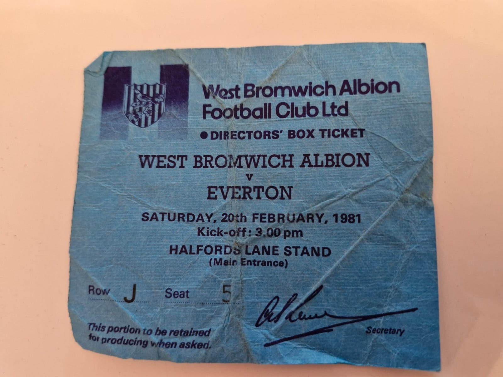 TICKET STUB- WEST BROMWICH ALBION V EVERTON- DIVISION ONE- 20TH FEBRUARY 1981 for sale on Ebay