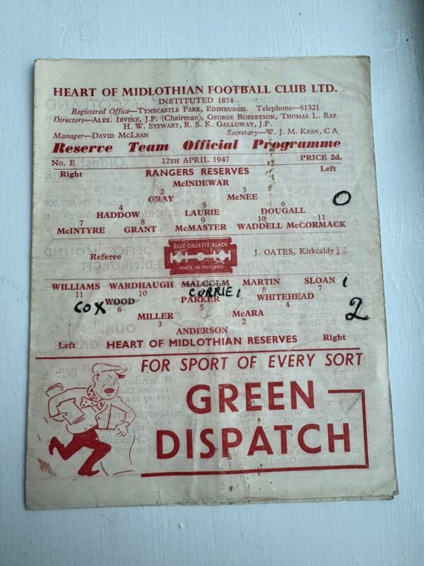 46/47 Hearts V  RANGERS  RESERVES SCOTTISH Football Programme ORIGINAL for sale on Ebay