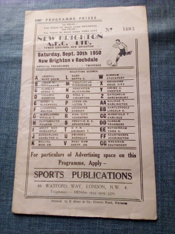 New brighton v Rochdale football programme 1950/51 rare final league season for sale on Ebay