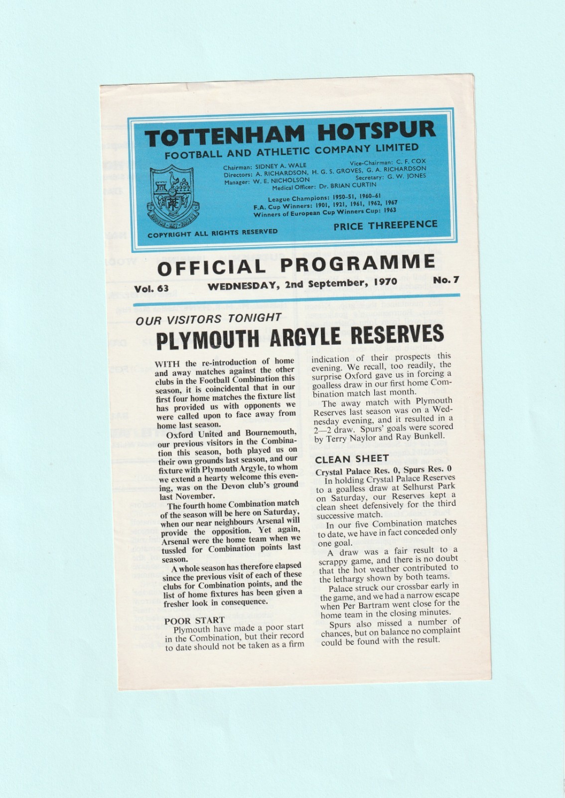1970-1971 FOOTBALL COMBINATION : TOTTENHAM / SPURS v PLYMOUTH ARGYLE RESERVES for sale on Ebay