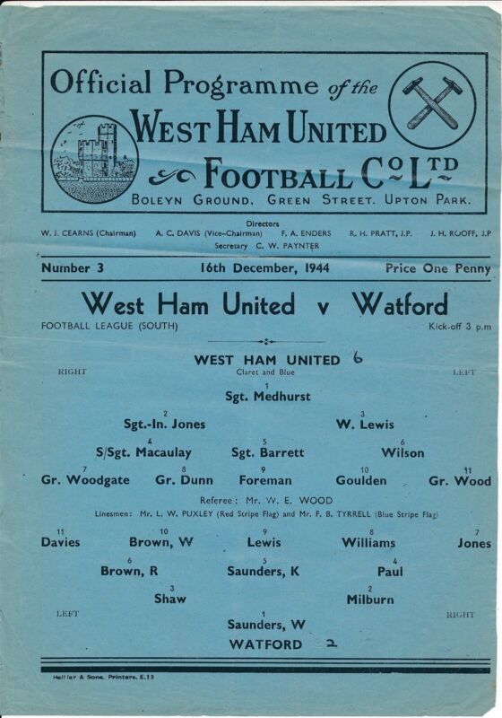 West Ham United v Watford (War League South 16.12) 1944/1945 for sale on Ebay
