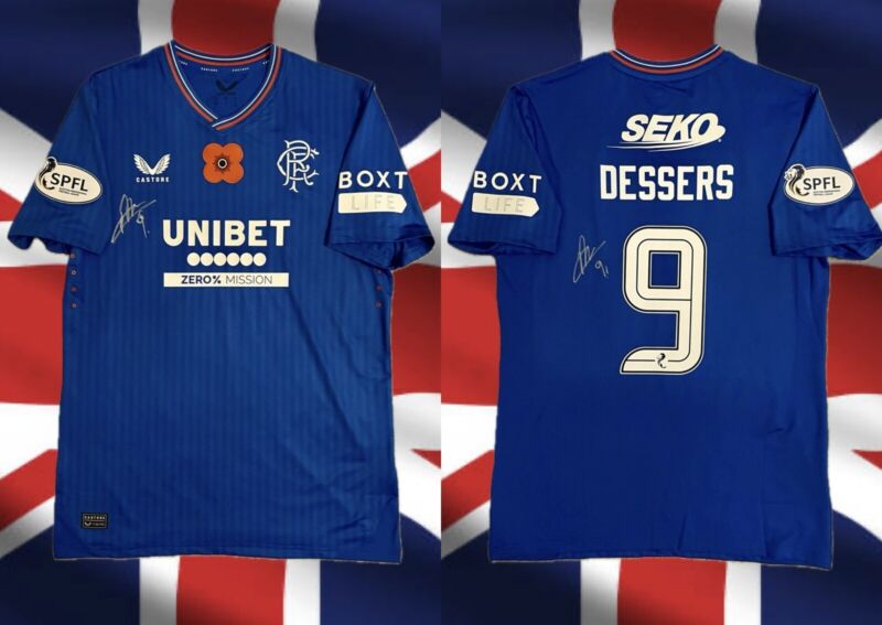 Glasgow Rangers 23/24 Poppy Shirt Dessers 9 Autographed  for sale on Ebay