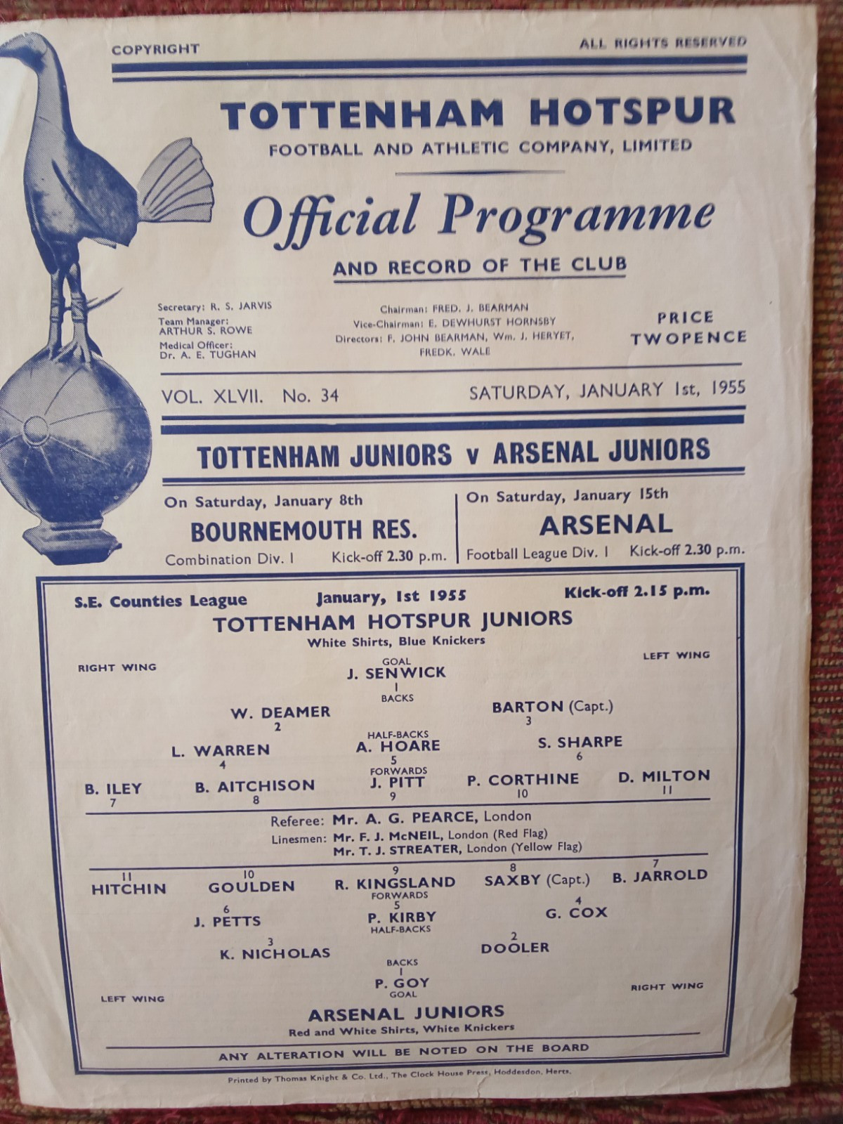 Tottenham juniors v Arsenal SE Counties league 1954/55 for sale on Ebay