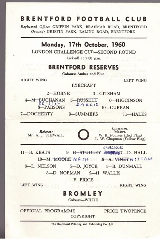 Brentford v Bromley -  London Challenge Cup 2nd Rnd 1960/61  Single Sheet for sale on Ebay