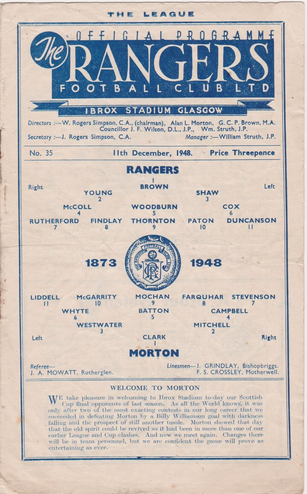 SCOTTISH FOOTBALL PROGRAMME GLASGOW RANGERS V MORTON 1948 for sale on Ebay
