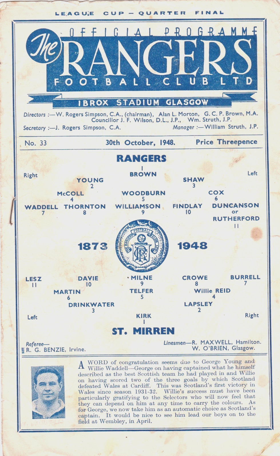 SCOTTISH FOOTBALL PROGRAMME GLASGOW RANGERS V ST. MIRREN 1948 for sale on Ebay