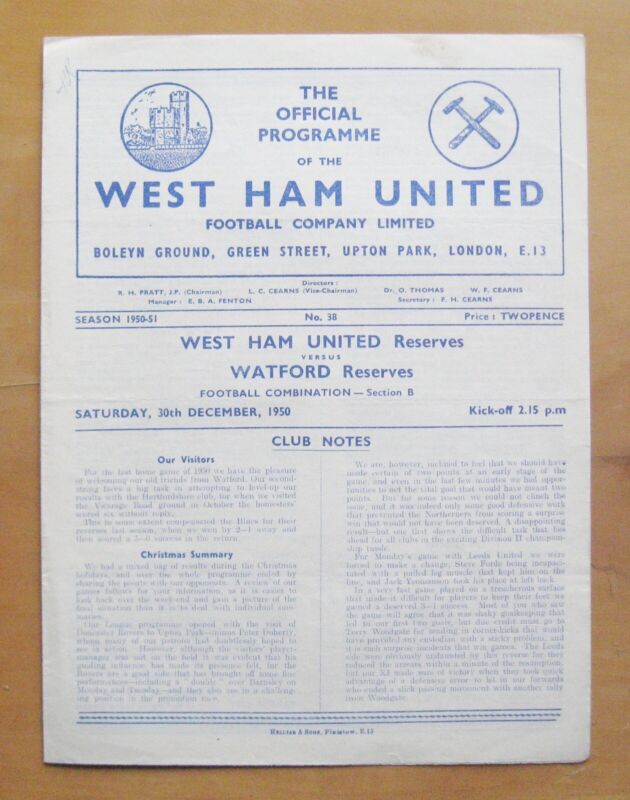 WEST HAM UNITED v WATFORD Reserves 1950/1951 *VG Condition Football Programme* for sale on Ebay