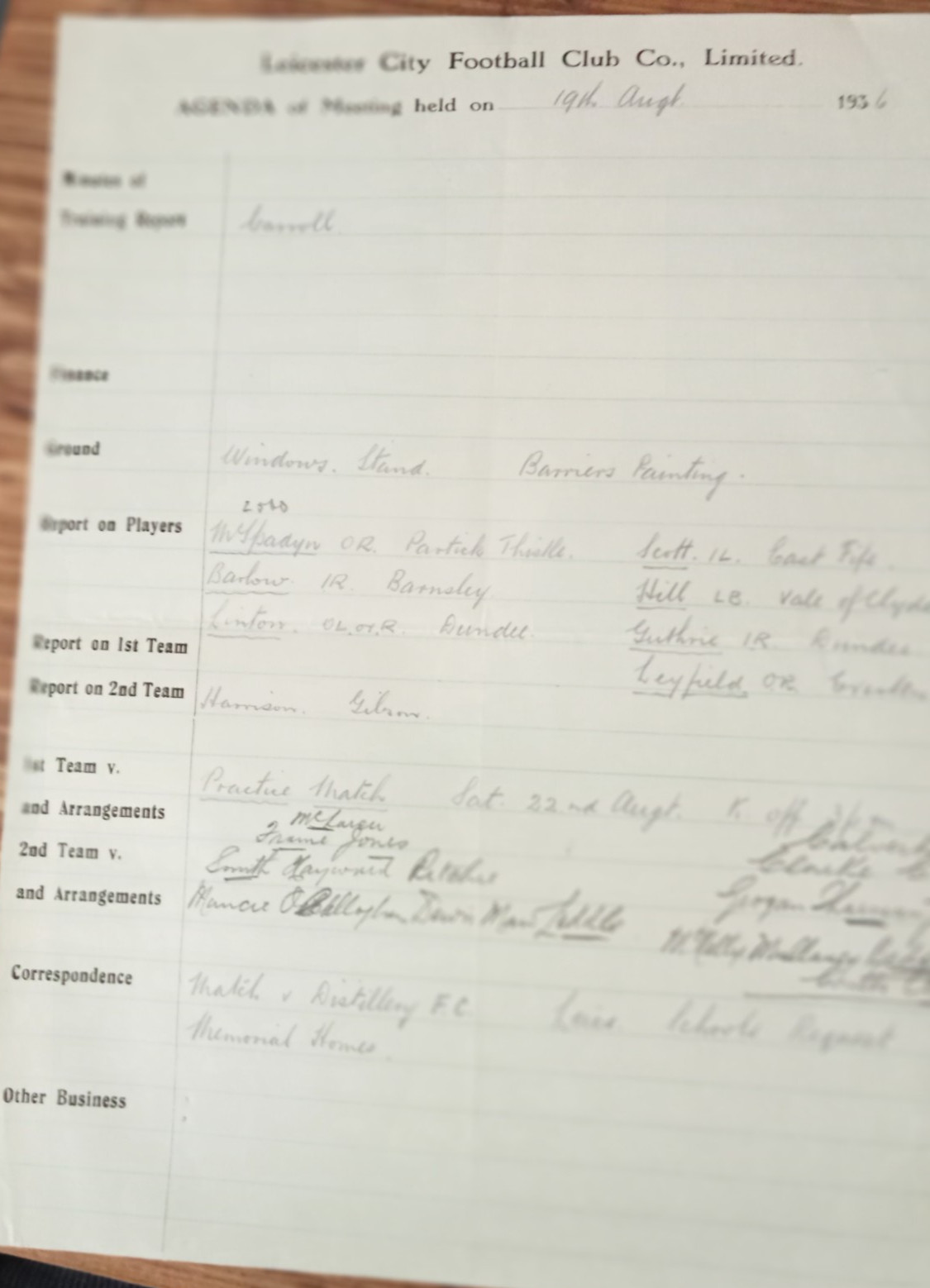 Leicester City 1936-37 Official Full Page From Minutes Book 19th August for sale on Ebay