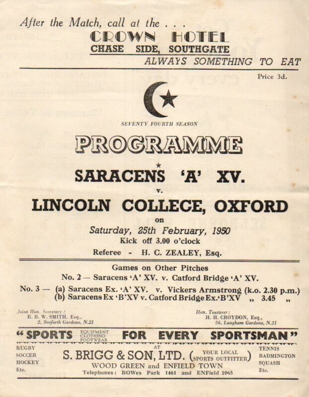 1950 SARACENS 'A' XV v LINCOLN COLLEGE, OXFORD UNIVERSITY 25.02.50 RUGBY UNION for sale on Ebay