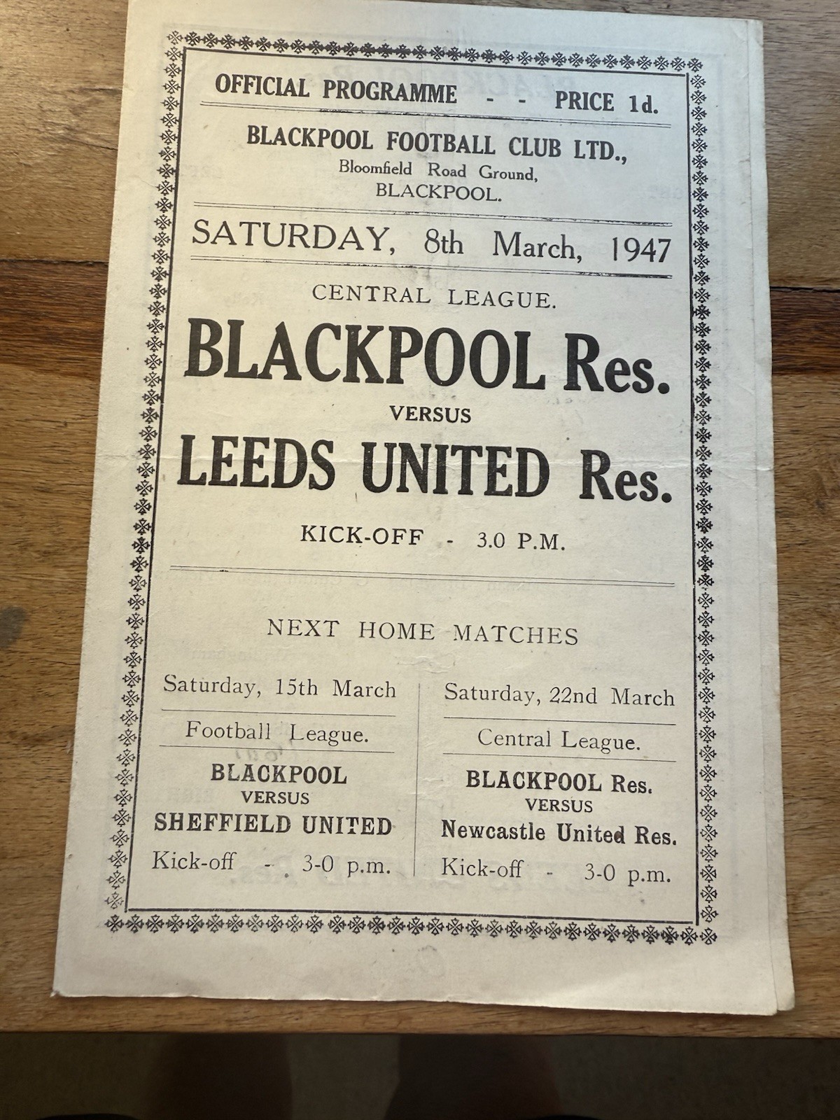 Blackpool v Leeds Utd 8/3/1947 Reserves Programme for sale on Ebay