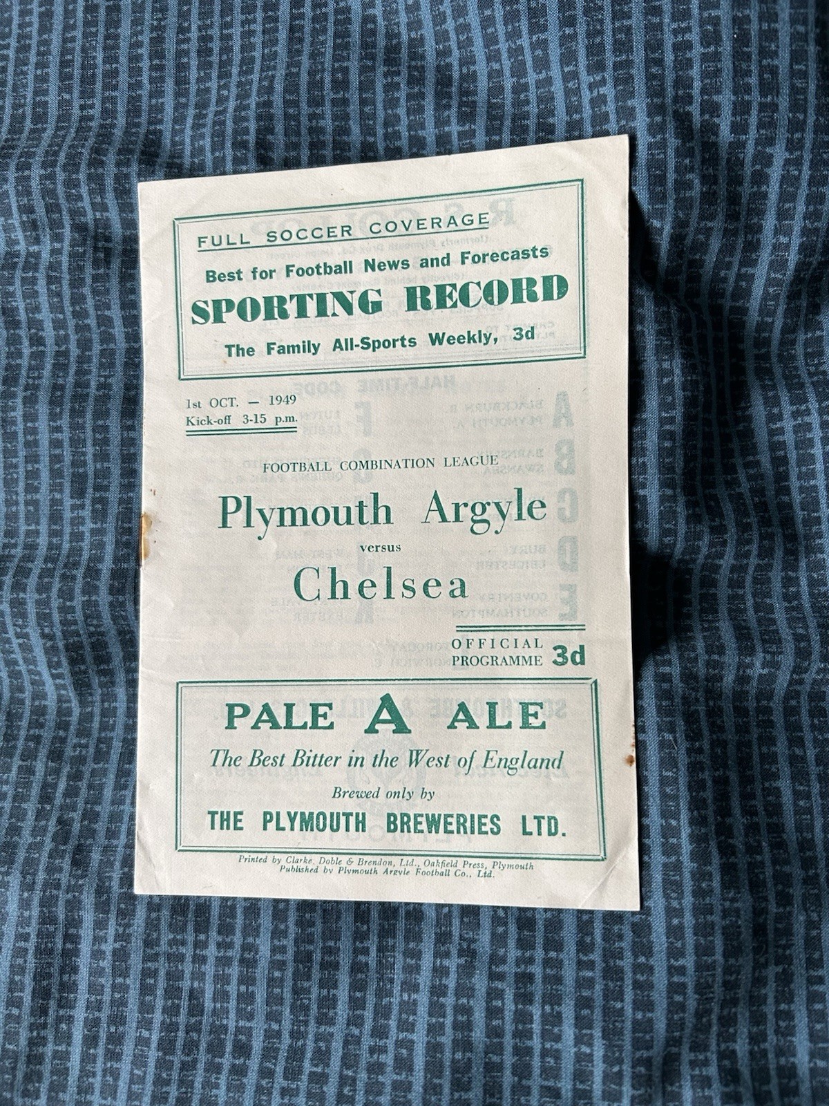 Plymouth Argyle Reserves v Chelsea Reserves Programme 1949/50 for sale on Ebay