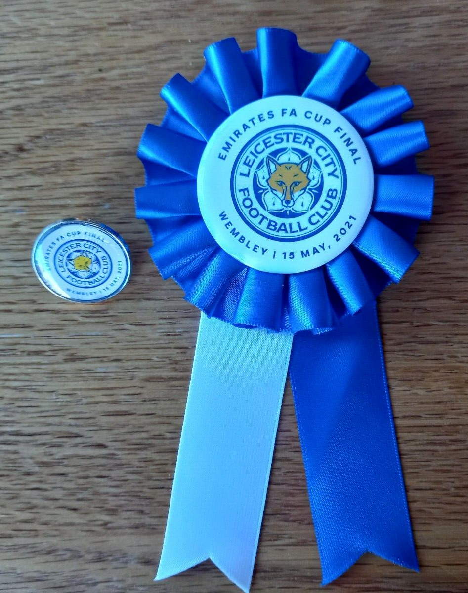 Leicester City FA Cup Final 2021 pin badge and rosette collectors items for sale on Ebay
