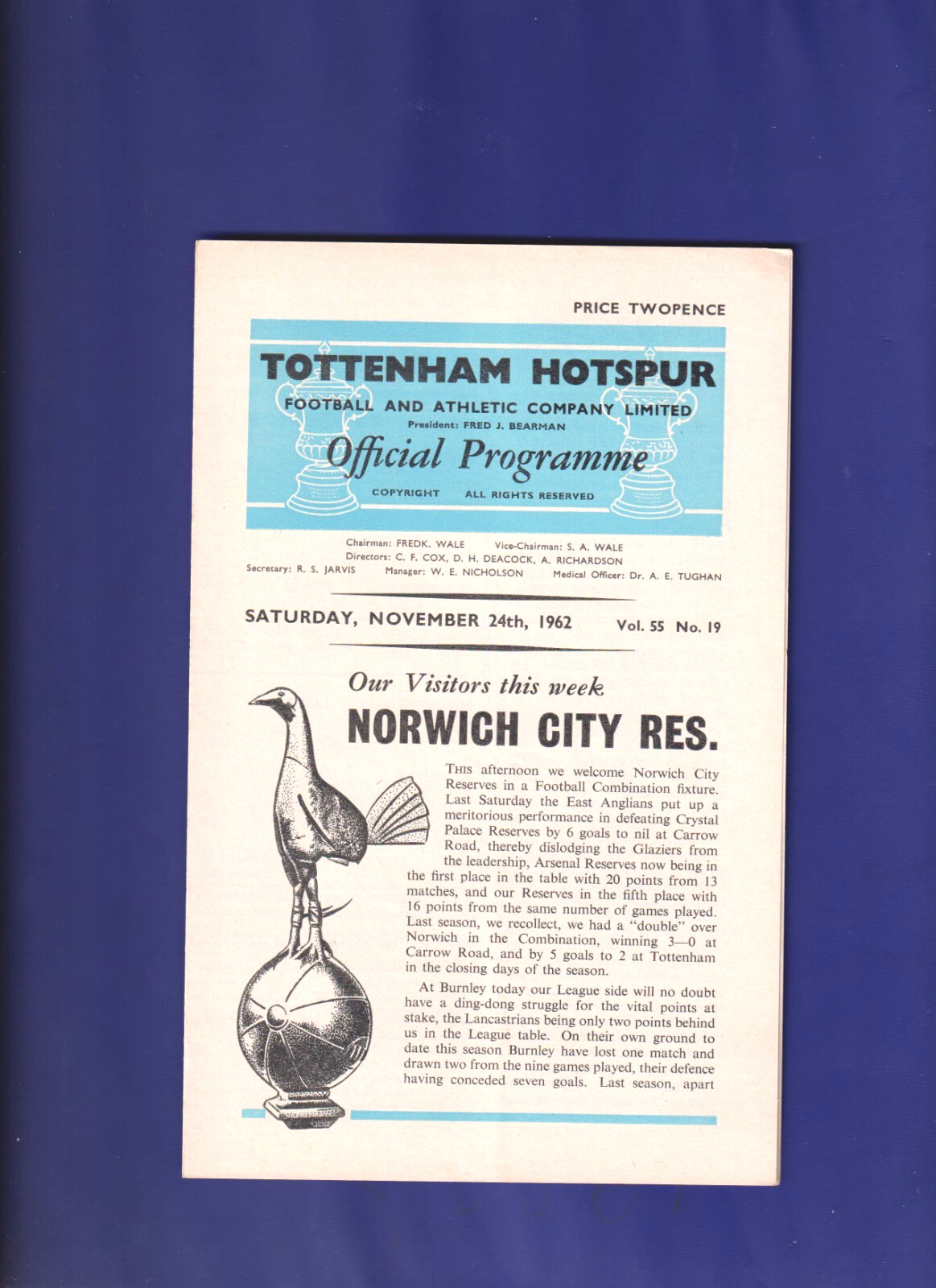TOTTENHAM HOTSPUR v NORWICH CITY 1962-3 FOOTBALL COMBINATION VERY GOOD COND. for sale on Ebay