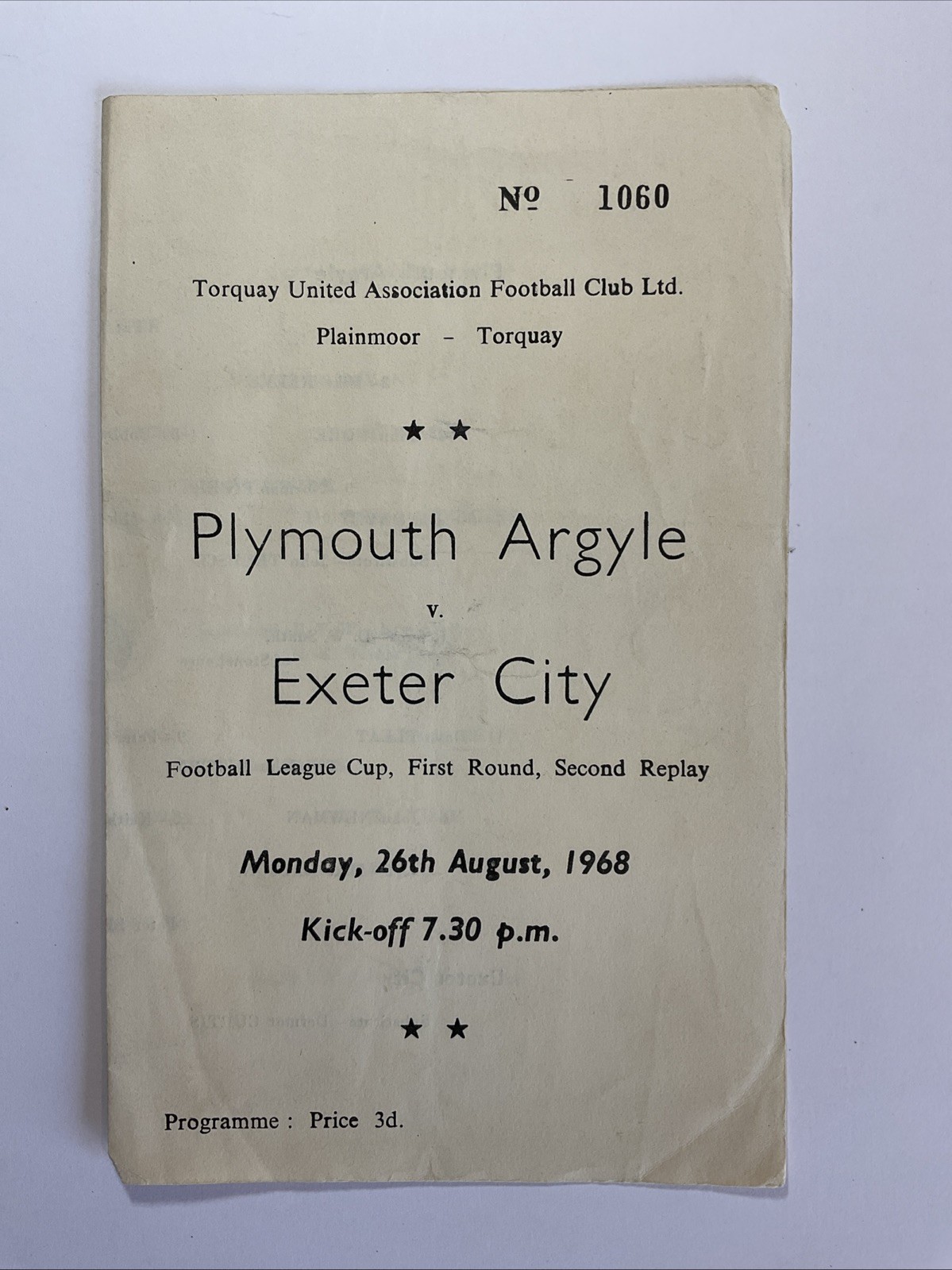 Plymouth Argyle v Exeter City; League Cup 1st Round 2nd Replay, 26th August 1968 for sale on Ebay