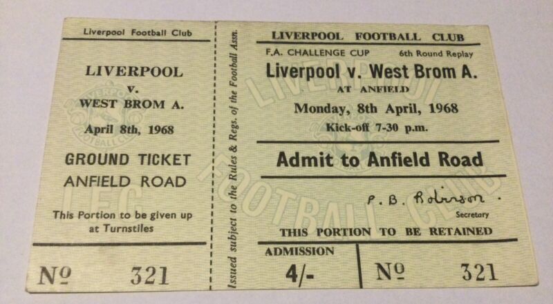 8/4/1968 Liverpool v WBA West Brom FA CUP 6th Round Replay UNUSED Ticket for sale on Ebay