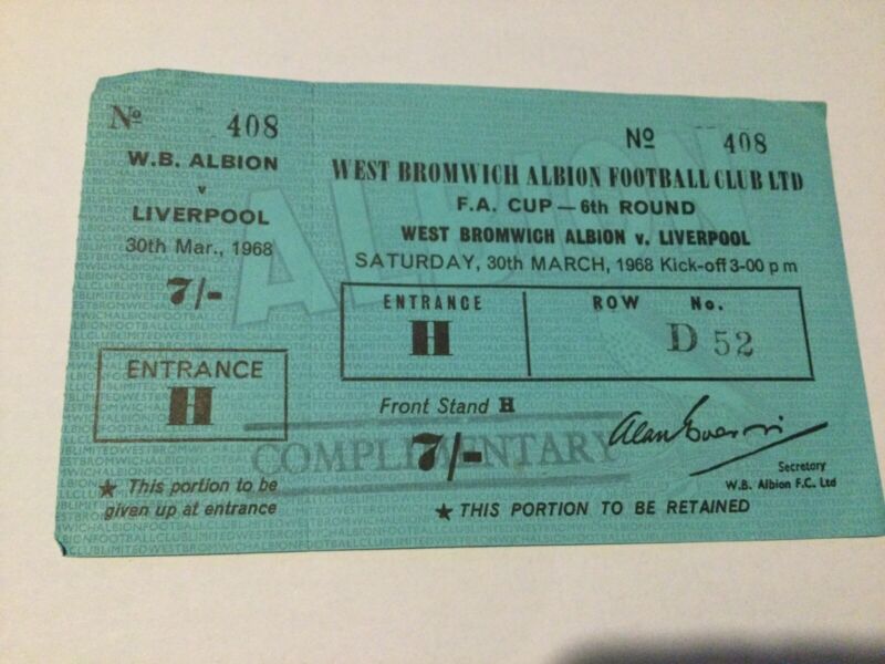 30/3/1968 WBA WEST BROM v Liverpool FA CUP 6th Round Hawthorns Unused Ticket for sale on Ebay