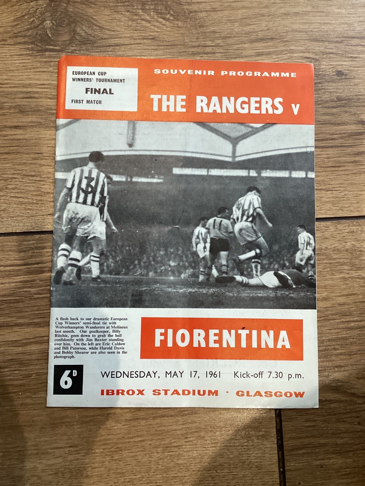 1961ECWC FINAL RANGERS V FIORENTINA  VERY GOOD CONDITION PROGRAMME for sale on Ebay