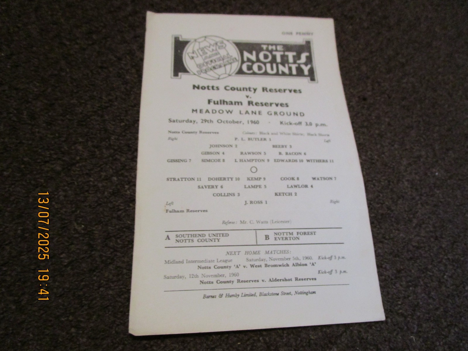 NOTTS COUNTY  reserves  v  FULHAM   reserves   1960/1  OCTOBER 29th   S/Sheet for sale on Ebay