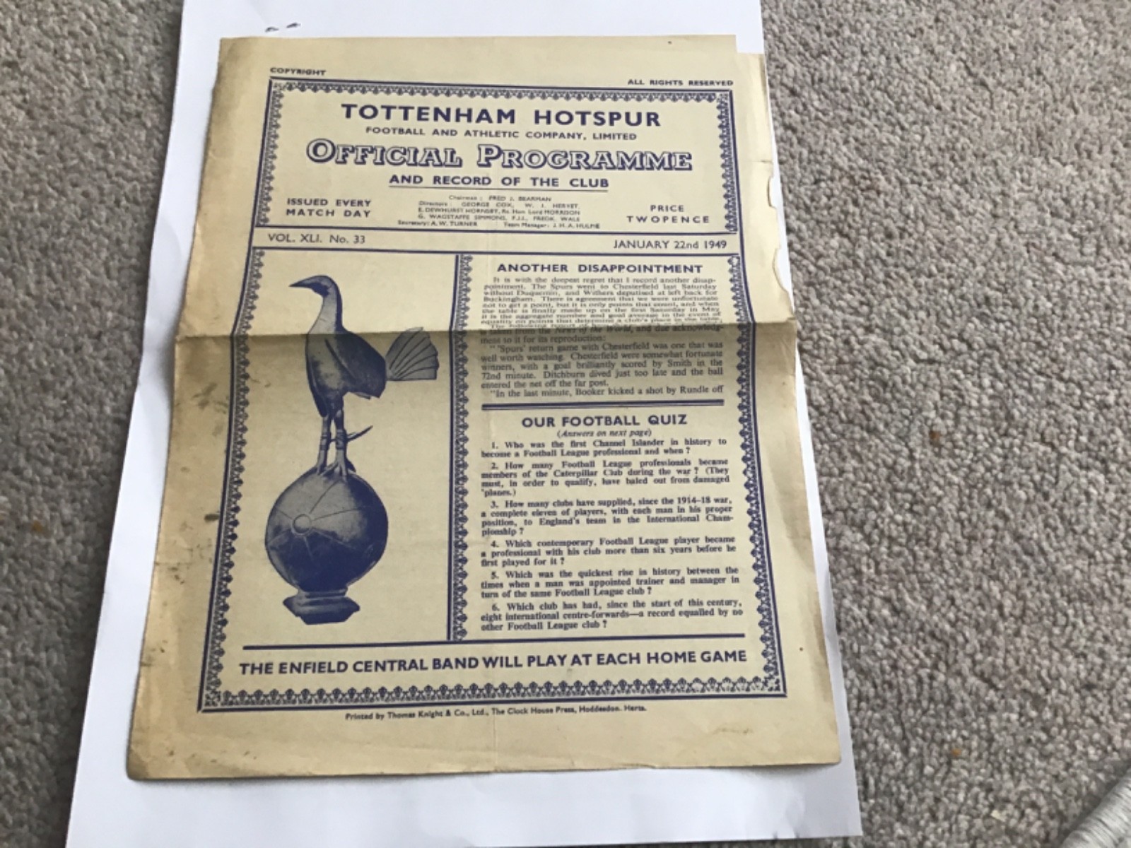Tottenham Hotspur v West Bromwich Albion Football Programme 22/1/1949. for sale on Ebay