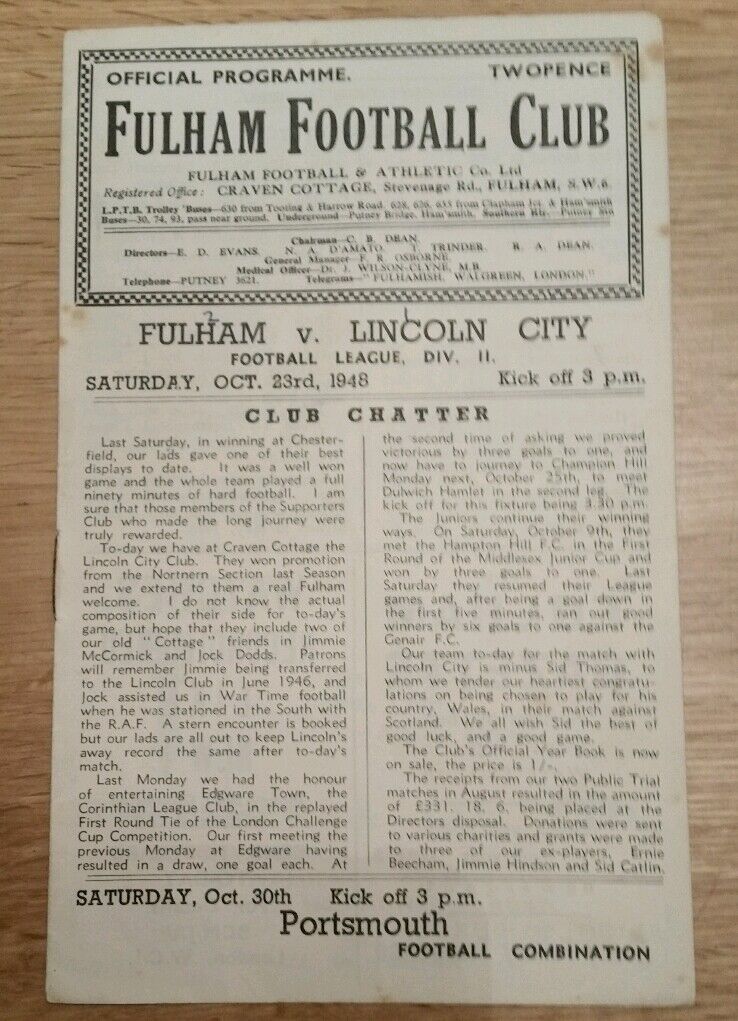Fulham v Lincoln City Programme 23/10/48 for sale on Ebay