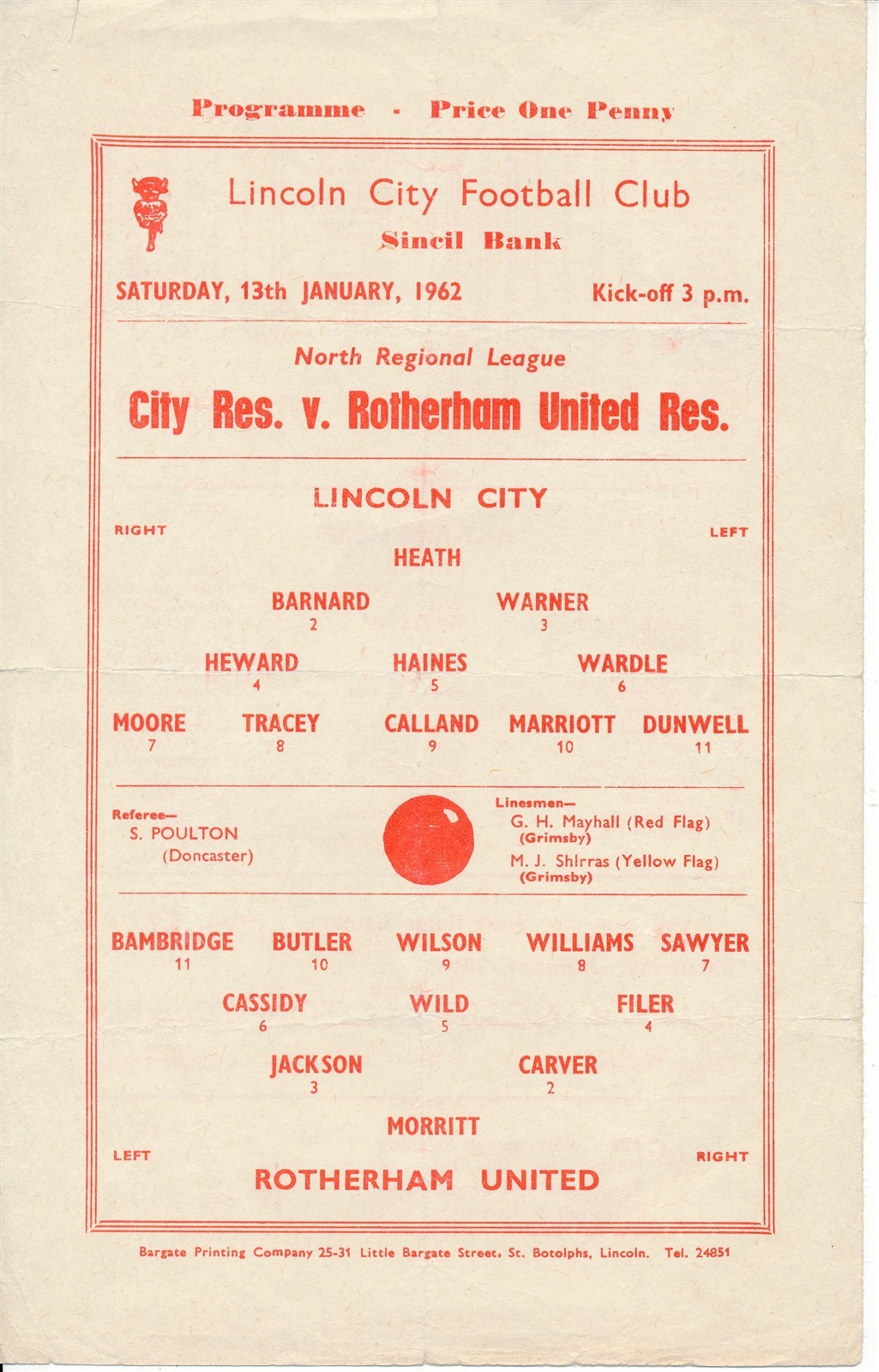 Lincoln City Reserves v Rotherham United (North Regional League) 1961/1962 for sale on Ebay