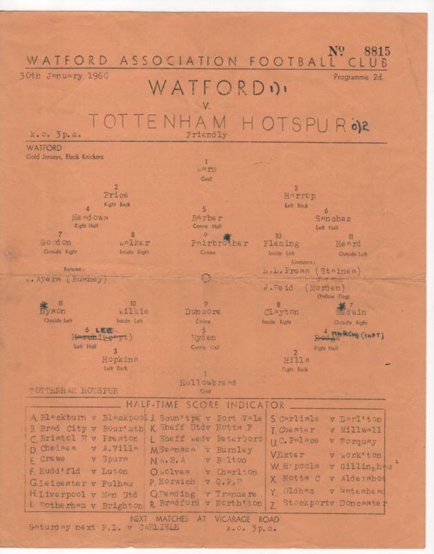 WATFORD V TOTTENHAM HOTSPUR SPURS 1959-60 RESERVES FRIENDLY 30 JANUARY 1960 S/S for sale on Ebay