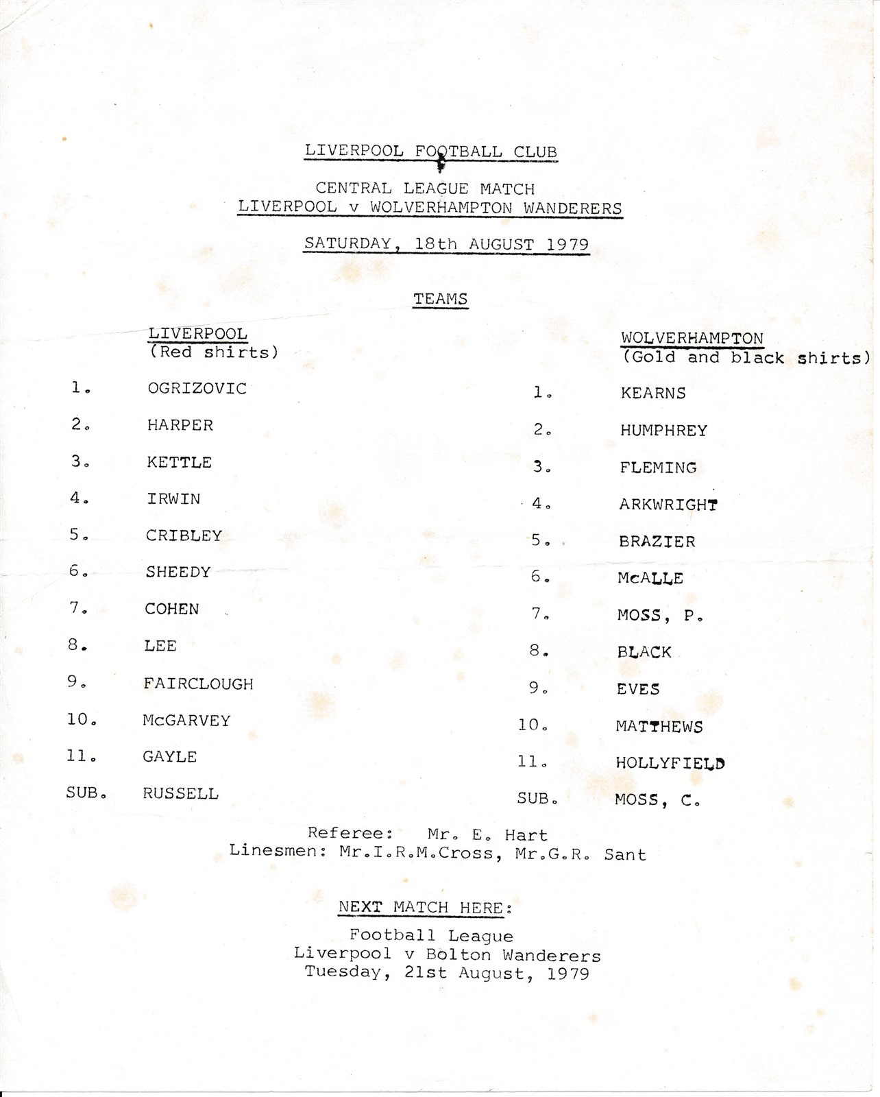 Liverpool Reserves v Wolves (Central League) 1979/1980 for sale on Ebay