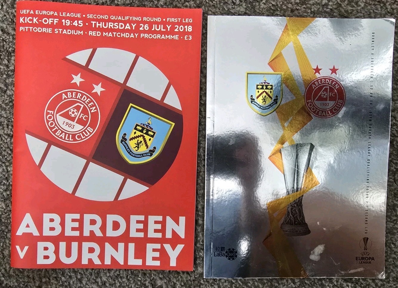 Aberdeen  v Burnley Uefa Europa League Football Programmes Home And Away for sale on Ebay